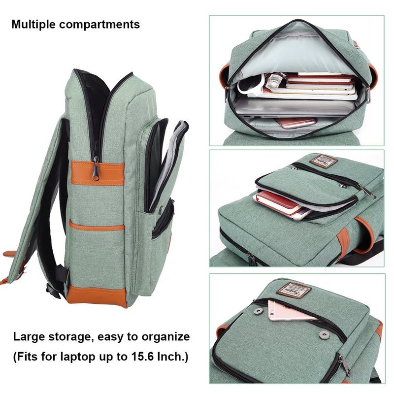 Feskin Vintage Laptop Backpack for Women Men, School College Backpack with USB Charging Port & Headphone Jack, Fashion Backpack Fits 15.6 inch Notebook - Green-Function Update - Image 2
